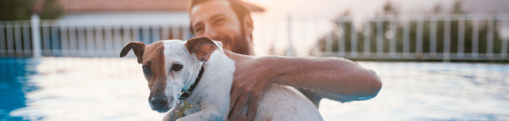 Man with beard standing in pool smiling while holding a brown and white dog